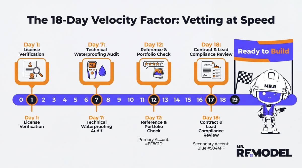 A project timeline infographic titled "The 18.7-Day Velocity Factor," mapping out critical vetting checkpoints—from license verification to contract review—that homeowners must complete within a fast-paced 19-day decision window.